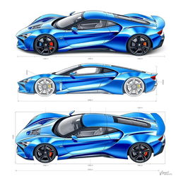 A detailed blueprint design of a sleek and modern sports car, showcasing the car's innovative aerodynamic shape, sharp edges, and muscular stance