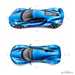A detailed blueprint design of a sleek and modern sports car, showcasing the car's innovative aerodynamic shape, sharp edges, and muscular stance