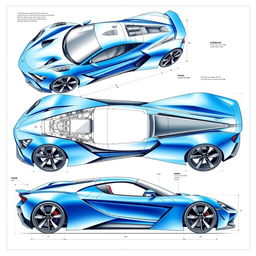 A detailed blueprint design of a sleek and modern sports car, showcasing the car's innovative aerodynamic shape, sharp edges, and muscular stance