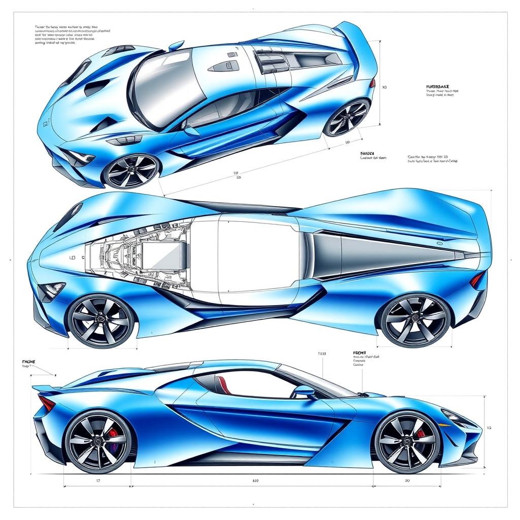 A detailed blueprint design of a sleek and modern sports car, showcasing the car's innovative aerodynamic shape, sharp edges, and muscular stance