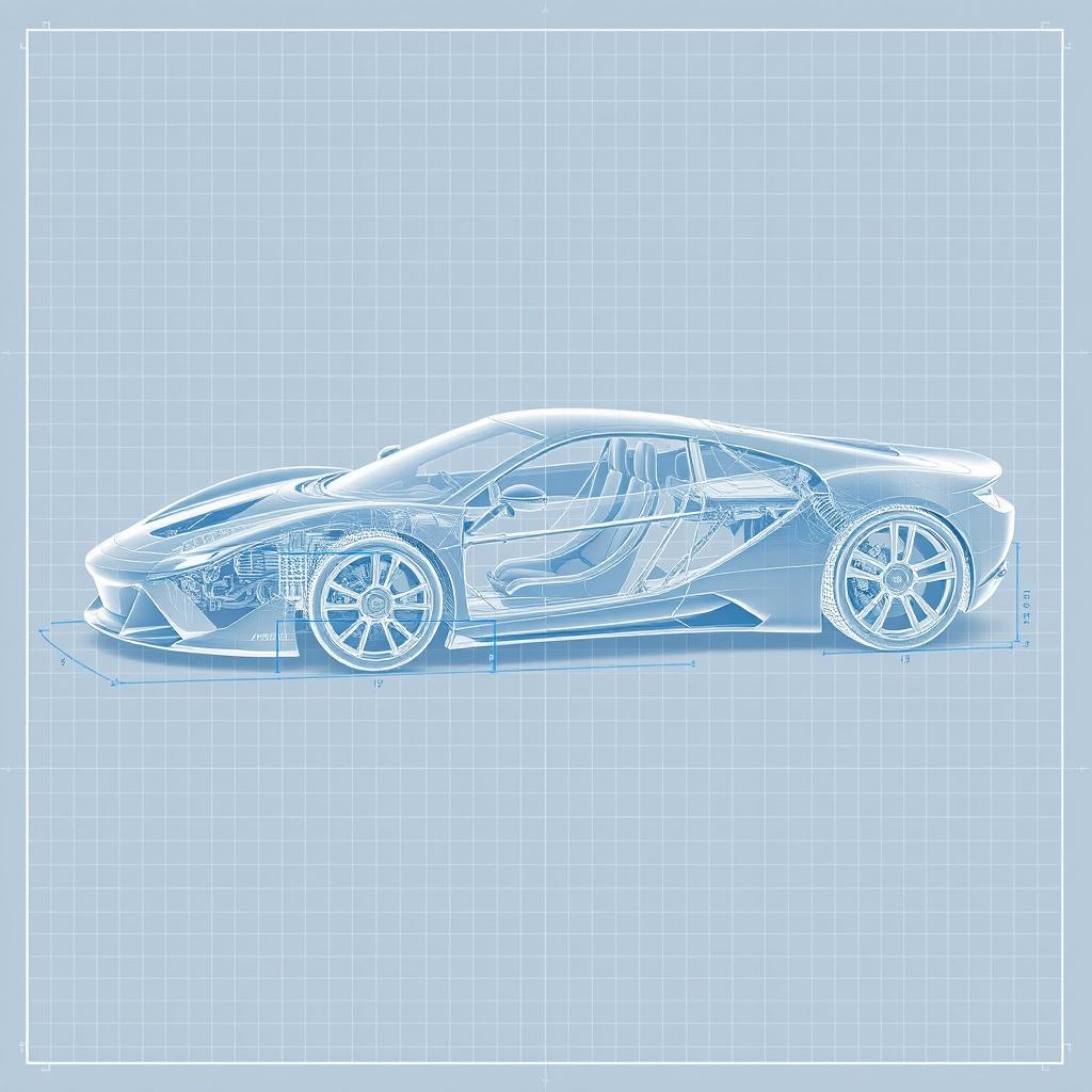 A detailed blueprint of a sleek sports car, featuring its innovative aerodynamic design, intricate chassis framework, precise measurements, and labeled components