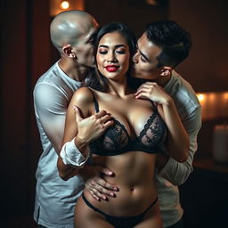Two Indonesian men with pure white skin affectionately hugging a beautiful 28-year-old woman with a sturdy and sexy body from behind