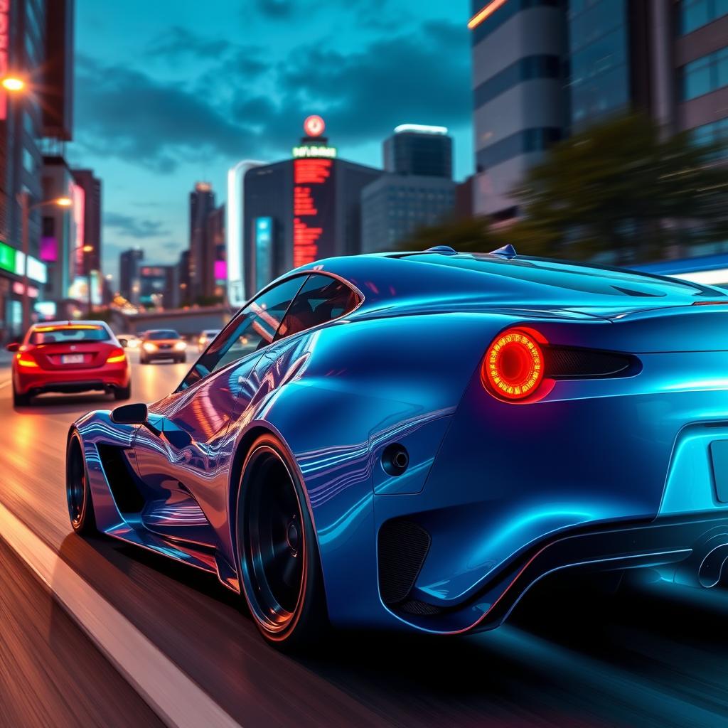 A dynamic and stunning visual representation of a futuristic sports car captured from various angles: a front view showcasing a sleek and aerodynamic design with aggressive lines, a side profile highlighting the car's low stance and muscular fenders, and a rear view that emphasizes the sporty taillights and exhaust