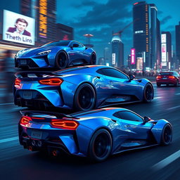 A dynamic and stunning visual representation of a futuristic sports car captured from various angles: a front view showcasing a sleek and aerodynamic design with aggressive lines, a side profile highlighting the car's low stance and muscular fenders, and a rear view that emphasizes the sporty taillights and exhaust