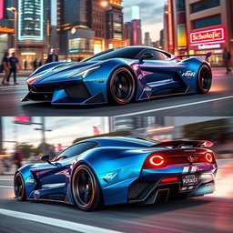 A dynamic and stunning visual representation of a futuristic sports car captured from various angles: a front view showcasing a sleek and aerodynamic design with aggressive lines, a side profile highlighting the car's low stance and muscular fenders, and a rear view that emphasizes the sporty taillights and exhaust