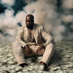 Kanye West in luxurious Gucci outfit surrounded by ethereal smoke and piles of money.