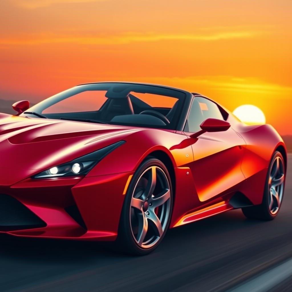A sleek and modern sports car with a glossy red exterior, featuring sharp aerodynamic lines and a low profile