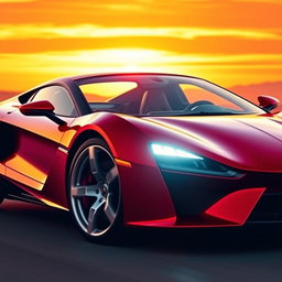 A sleek and modern sports car with a glossy red exterior, featuring sharp aerodynamic lines and a low profile