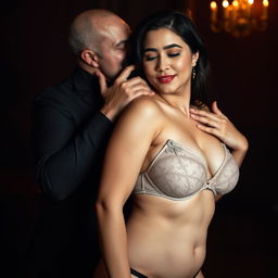 Two Indonesian men with pure white skin affectionately embracing a beautiful 28-year-old woman who possesses a strong and curvy body from behind
