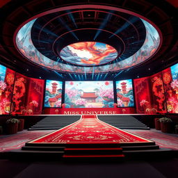 An elaborate Miss Universe stage inspired by Chinese aesthetics, featuring large LED screens displaying mesmerizing visuals of traditional Chinese art and landscapes