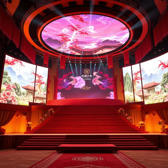 An elaborate Miss Universe stage inspired by Chinese aesthetics, featuring large LED screens displaying mesmerizing visuals of traditional Chinese art and landscapes
