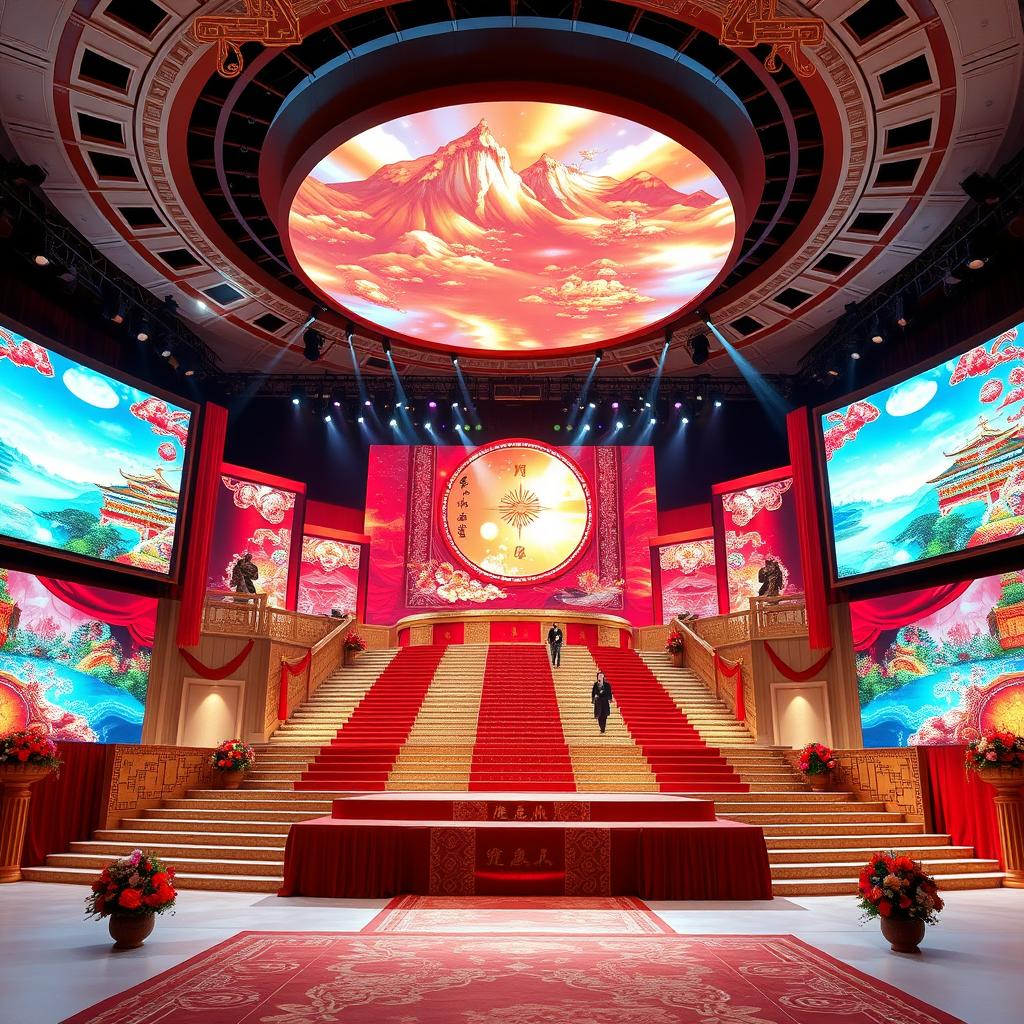 An elaborate Miss Universe stage inspired by Chinese aesthetics, featuring large LED screens displaying mesmerizing visuals of traditional Chinese art and landscapes