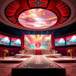 An elaborate Miss Universe stage inspired by Chinese aesthetics, featuring large LED screens displaying mesmerizing visuals of traditional Chinese art and landscapes