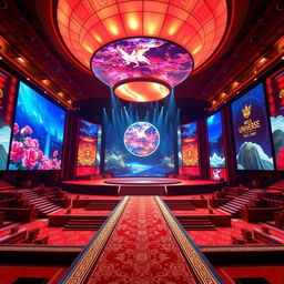 An extravagant Miss Universe stage designed with a Chinese inspiration, featuring large LED screens that display captivating visuals of traditional Chinese culture and vibrant colors