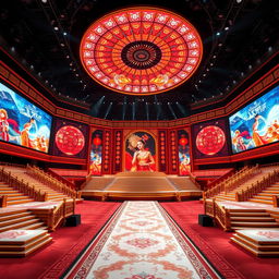 An extravagant Miss Universe stage designed with a Chinese inspiration, featuring large LED screens that display captivating visuals of traditional Chinese culture and vibrant colors