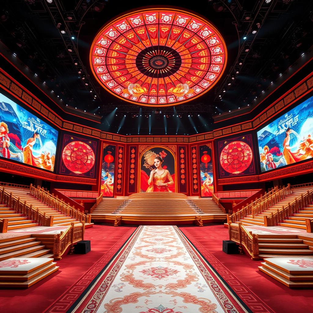 An extravagant Miss Universe stage designed with a Chinese inspiration, featuring large LED screens that display captivating visuals of traditional Chinese culture and vibrant colors