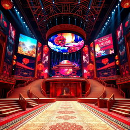An extravagant Miss Universe stage designed with a Chinese inspiration, featuring large LED screens that display captivating visuals of traditional Chinese culture and vibrant colors