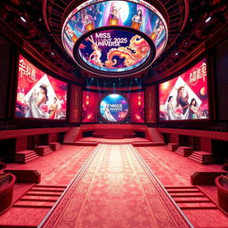 An extravagant Miss Universe stage designed with a Chinese inspiration, featuring large LED screens that display captivating visuals of traditional Chinese culture and vibrant colors