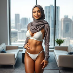 A full-body portrait of a Persian woman wearing an elegant hijab and a stylish bikini, confidently presenting herself as a government official