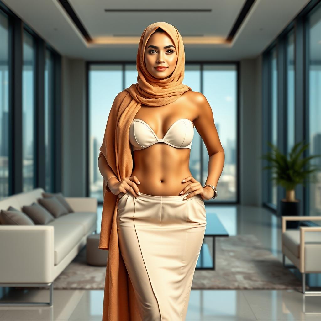A full-body portrait of a Persian woman wearing an elegant hijab and a stylish bikini, confidently presenting herself as a government official