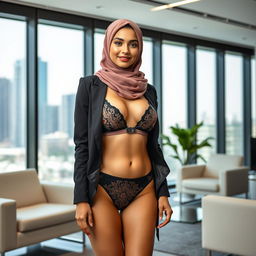 A full-body portrait of a Persian woman wearing an elegant hijab and a stylish bikini, confidently presenting herself as a government official
