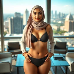 A full-body portrait of a Persian woman wearing an elegant hijab, confidently showcasing a stylish bikini, standing in her office as a government official