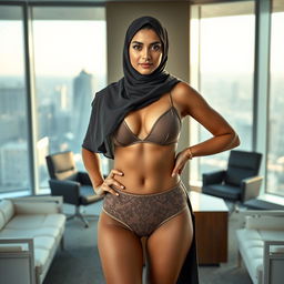 A full-body portrait of a Persian woman wearing an elegant hijab, confidently showcasing a stylish bikini, standing in her office as a government official
