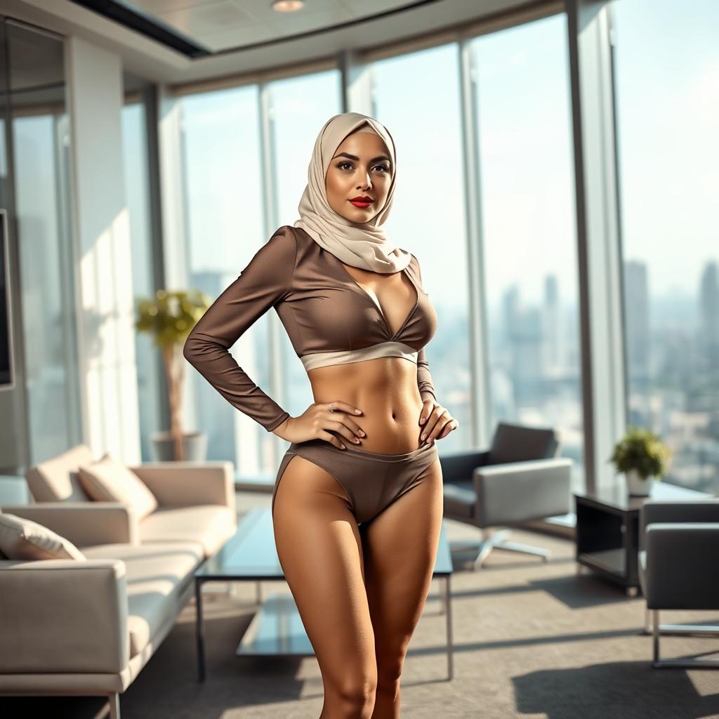 A full-body portrait of a Persian woman wearing an elegant hijab, confidently showcasing a stylish bikini, standing in her office as a government official