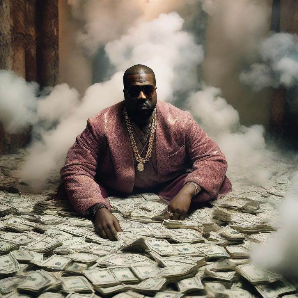 Kanye West in luxurious Gucci outfit surrounded by ethereal smoke and piles of money.