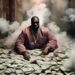 Kanye West in luxurious Gucci outfit surrounded by ethereal smoke and piles of money.