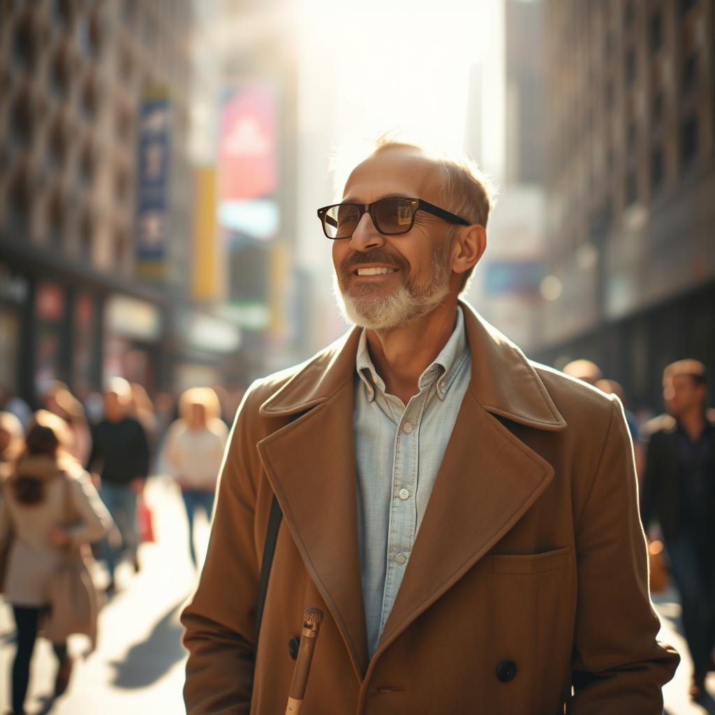A thoughtful portrait of a blind man walking through a bustling urban environment, with a gentle smile on his face