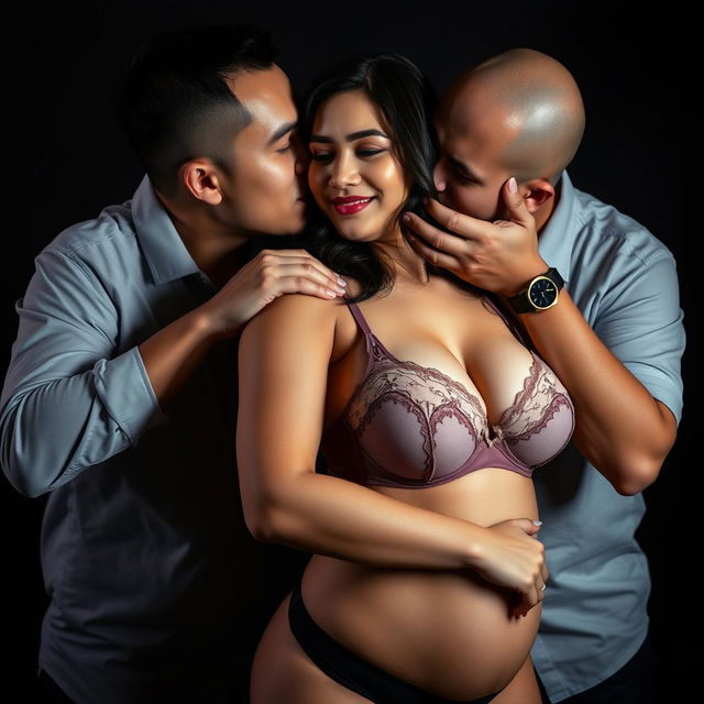Two Indonesian men with pure white skin are affectionately hugging a stunning 28-year-old woman who has a curvy and sexy body from behind