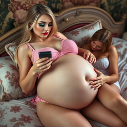 A beautiful 18-year-old girl with a thin face and an athletic yet voluptuous figure, featuring long blond hair and striking crystal blue eyes
