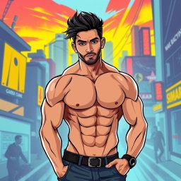 A stylized illustration of an athletic man resembling Shekhar Ravjiani, showcasing well-defined abdominal muscles