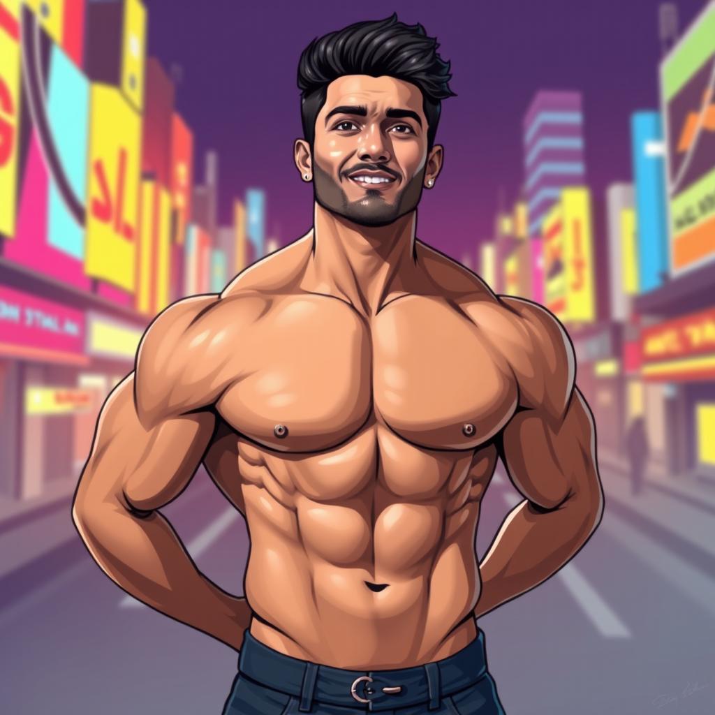 A stylized illustration of an athletic man resembling Shekhar Ravjiani, showcasing well-defined abdominal muscles