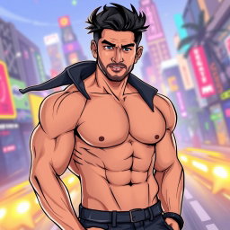 A stylized illustration of an athletic man resembling Shekhar Ravjiani, showcasing well-defined abdominal muscles