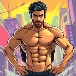 A stylized illustration of an athletic man resembling Shekhar Ravjiani, showcasing well-defined abdominal muscles