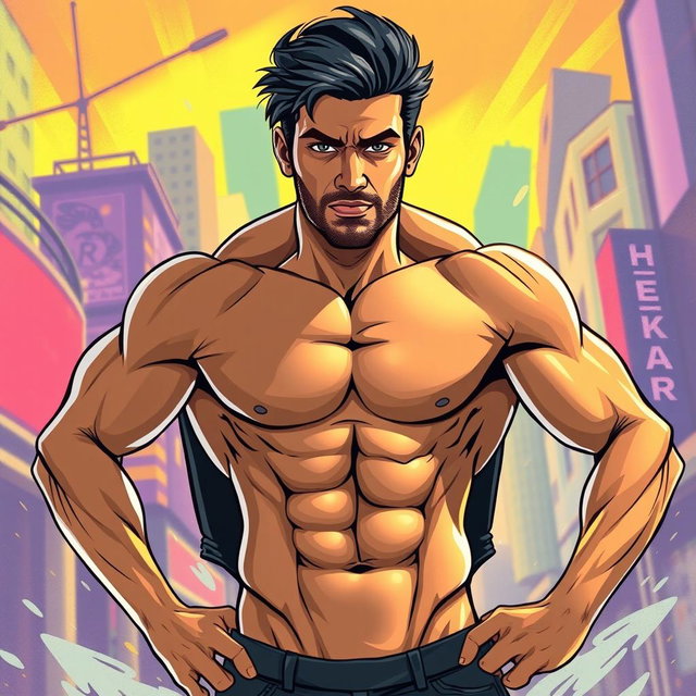 A stylized illustration of an athletic man resembling Shekhar Ravjiani, showcasing well-defined abdominal muscles
