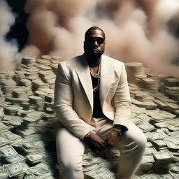 Kanye West in luxurious Gucci outfit surrounded by ethereal smoke and piles of money.