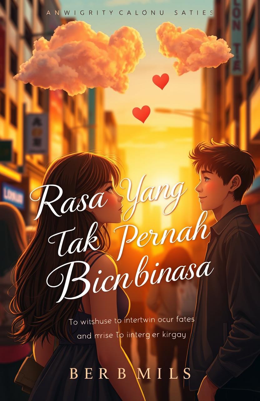 A captivating novel cover for "Rasa Yang Tak Pernah Binasa", depicting a girl with a dreamy expression gazing at a handsome young man in a crowded city street