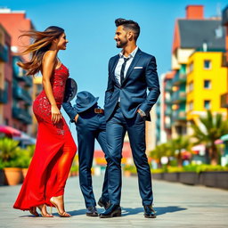 A vibrant scene featuring two stylish individuals standing together in a picturesque urban setting