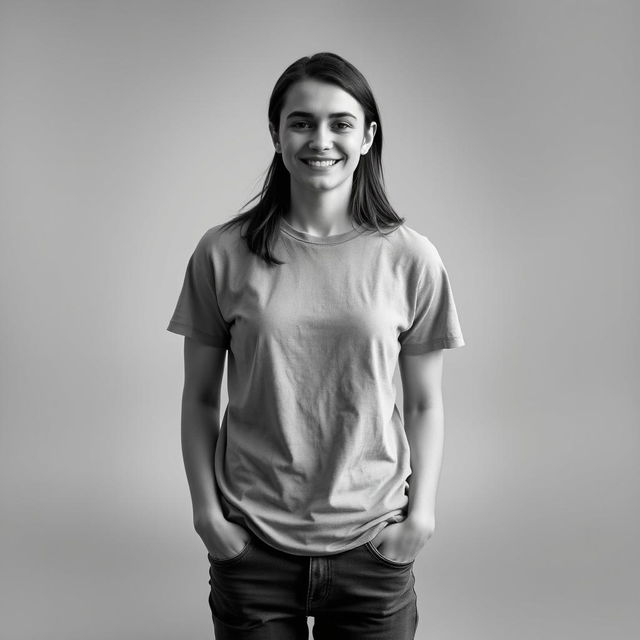 A monochrome portrait of a person standing face-on to the camera, wearing a casual outfit