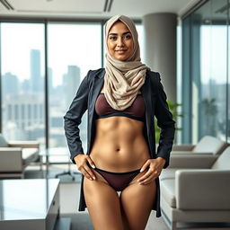 A full-body portrait of a 20-year-old Persian woman wearing a stylish hijab and a fashionable bikini, confidently presenting herself as a government official