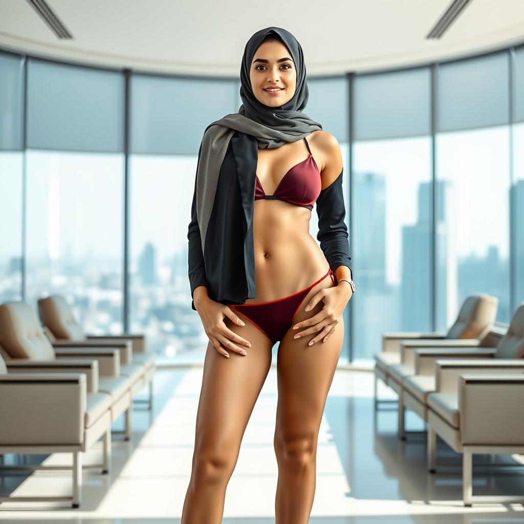 A full-body portrait of a 20-year-old Persian woman wearing a stylish hijab and a fashionable bikini, confidently presenting herself as a government official