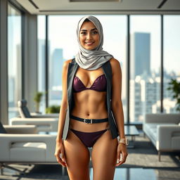 A full-body portrait of a 20-year-old Persian woman wearing a stylish hijab and a fashionable bikini, confidently presenting herself as a government official