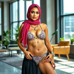 A full-body portrait of a Persian woman wearing a stylish hijab and a fashionable bikini, confidently posing in a contemporary office environment
