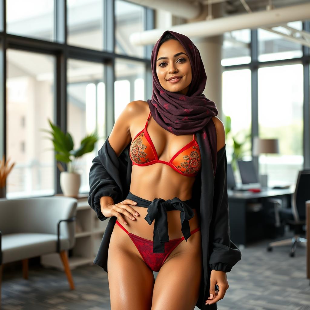 A full-body portrait of a Persian woman wearing a stylish hijab and a fashionable bikini, confidently posing in a contemporary office environment