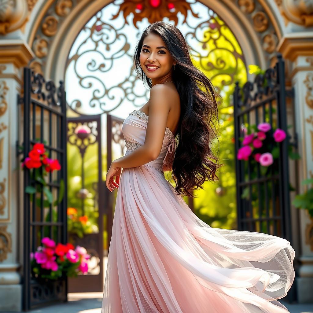 A stunning figure of a young woman named Mina, standing gracefully at a lavishly decorated gate