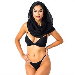 A full-body portrait of a Persian woman wearing a stylish black bikini and a fashionable hijab, posed confidently against a clean white background