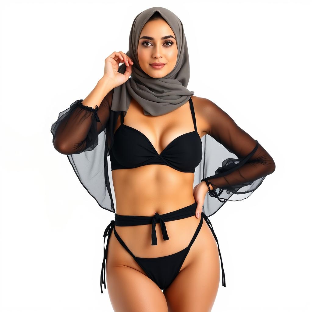 A full-body portrait of a Persian woman wearing a stylish black bikini and a fashionable hijab, posed confidently against a clean white background